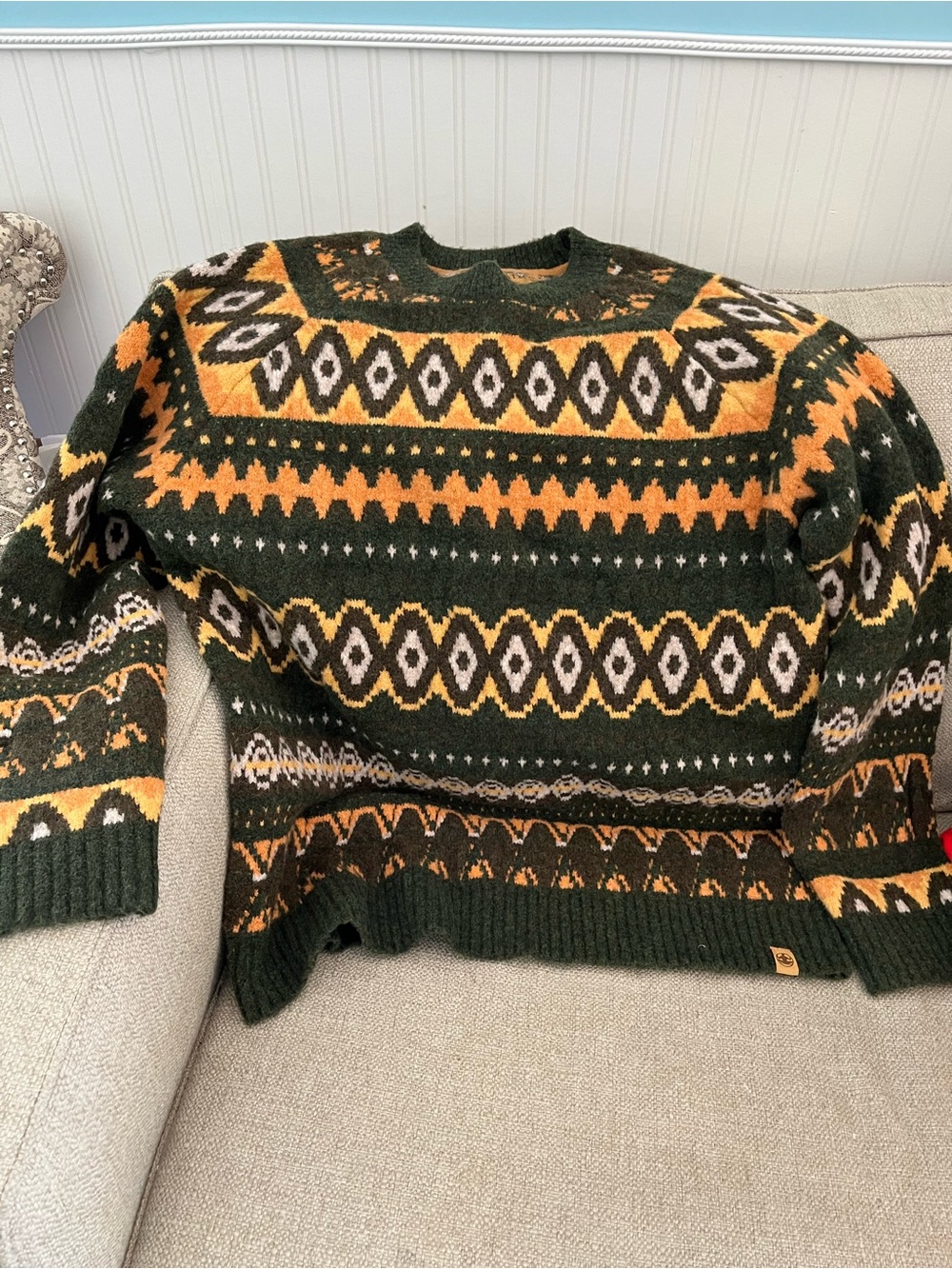 Men's Dark Green & Mustard Patterned Crewneck Sweater